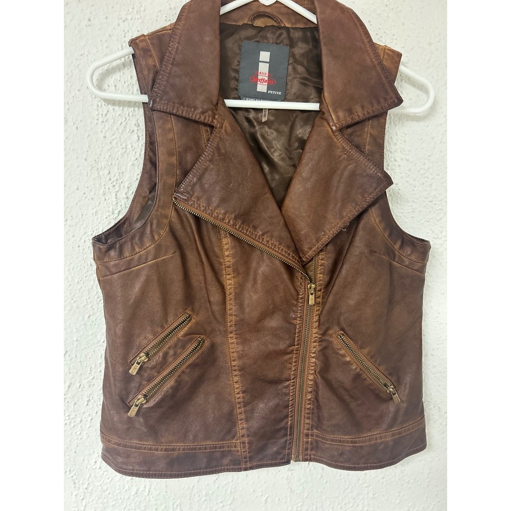 Buffalo David Bitton Brown Faux Leather Moto Vest Petite Medium Vegan Leather